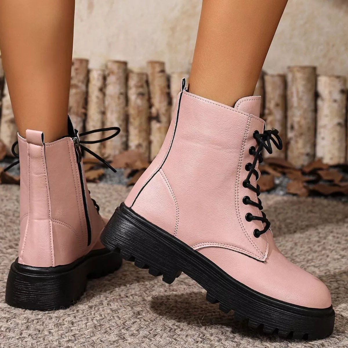 Brown round toe block heels boots top down view