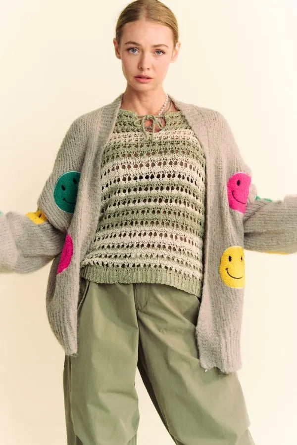 Davi & Dani Fuzzy Smile Open Front Long Sleeve Cardigan - Fashorio