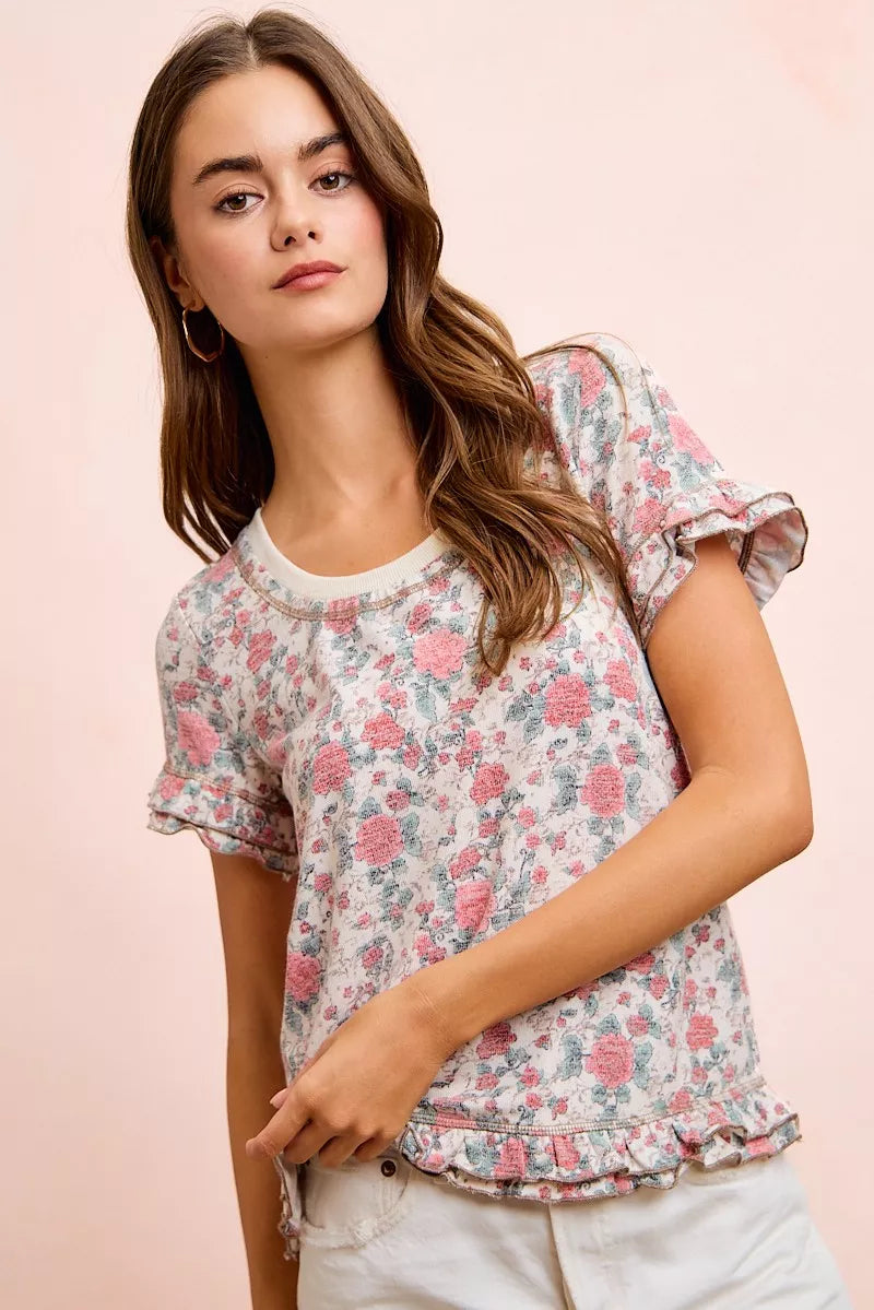 Rose floral print ruffle sleeve knit top fabric texture view