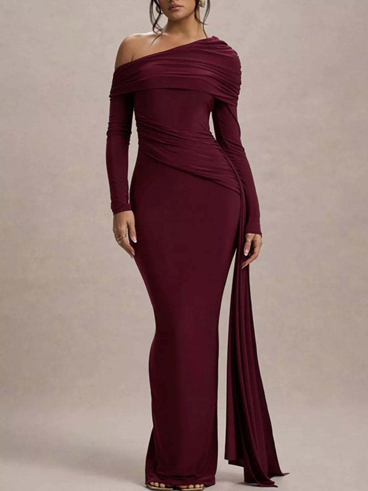One shoulder ruched maxi dress fabric detail
