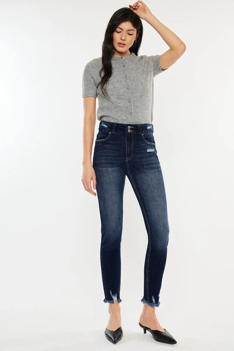 High rise skinny jeans styled with top