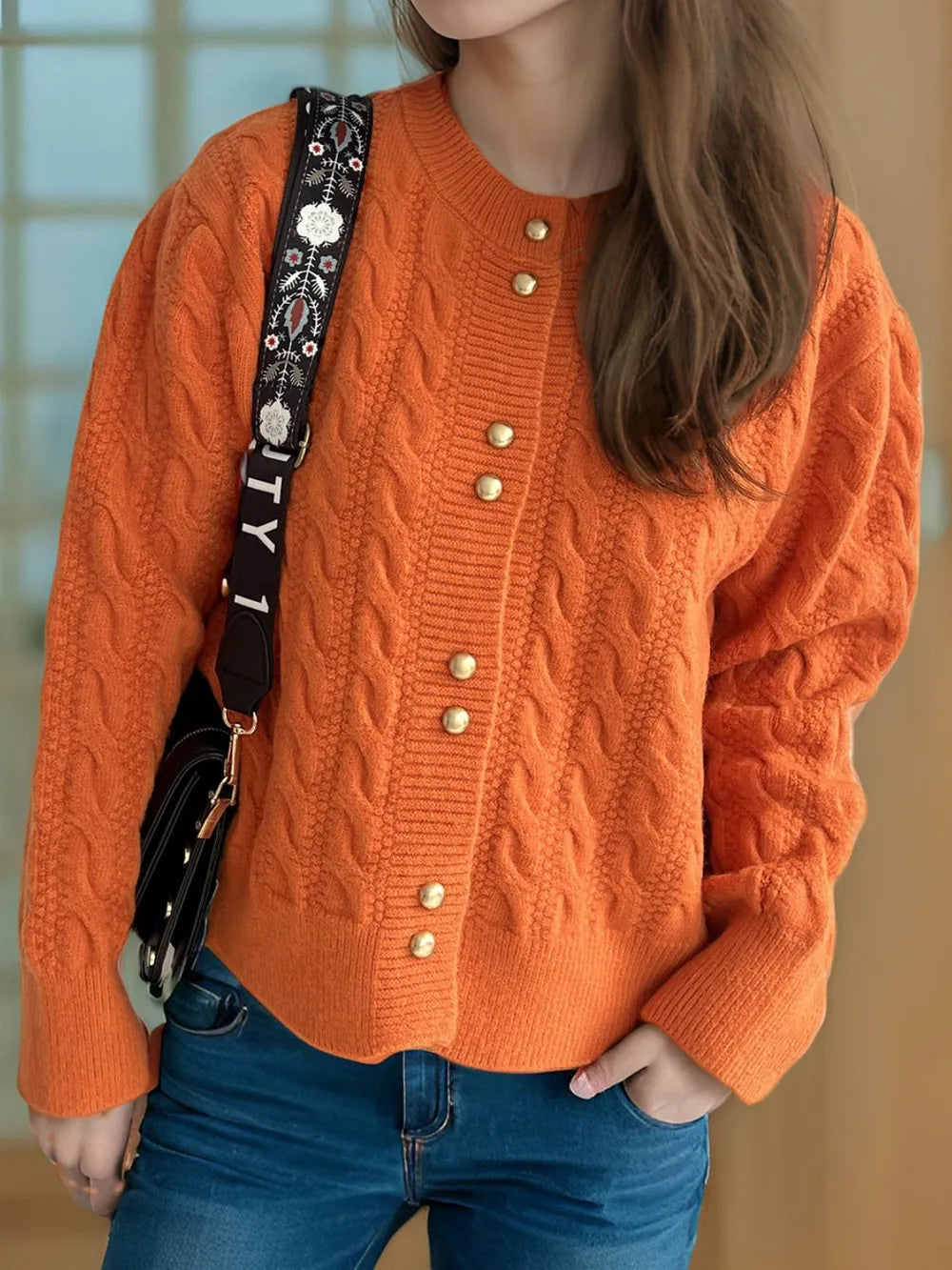 Cable-Knit Round Neck Long Sleeve Cardigan - Fashorio