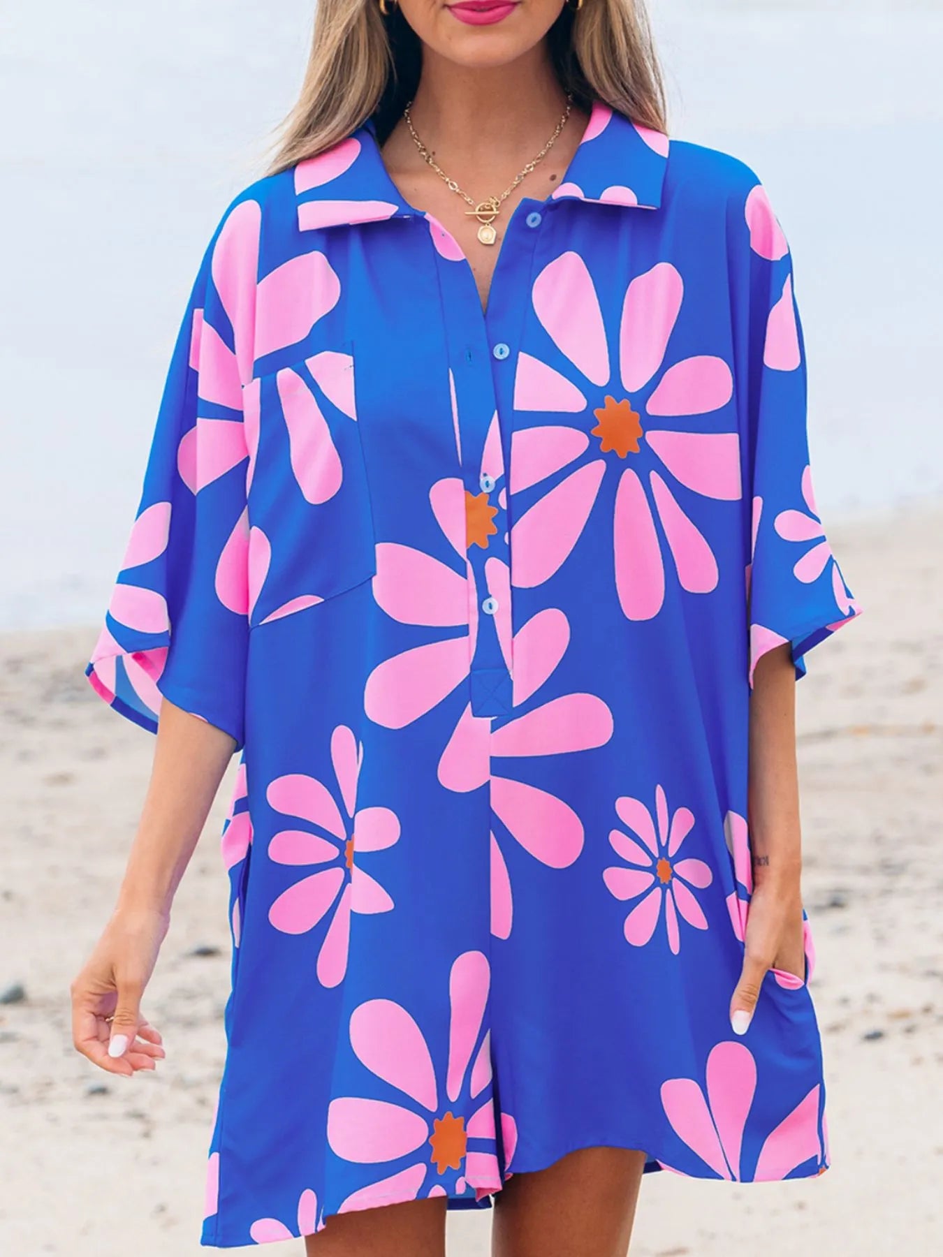 Summer Flower Print Shirt Collar Button Front Loose Romper - Fashorio