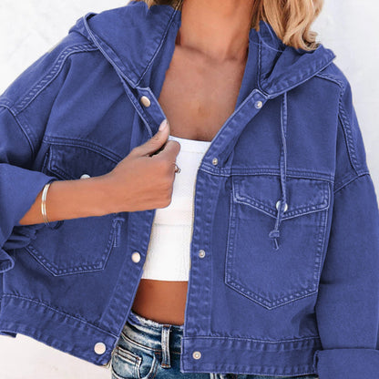 Hooded Dropped Shoulder Denim Jacket - Fashorio