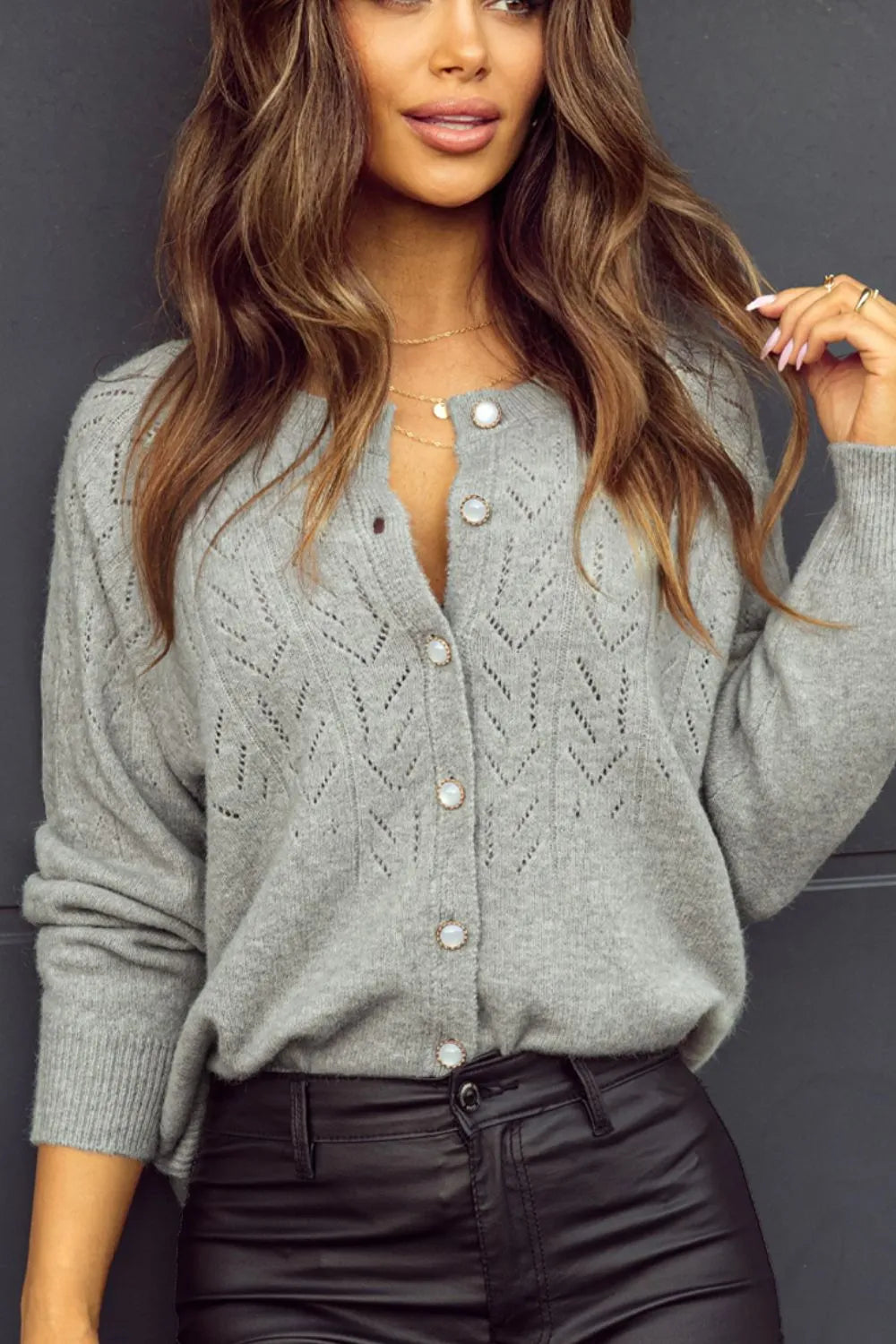 Openwork Button Down Long Sleeve Cardigan - Fashorio