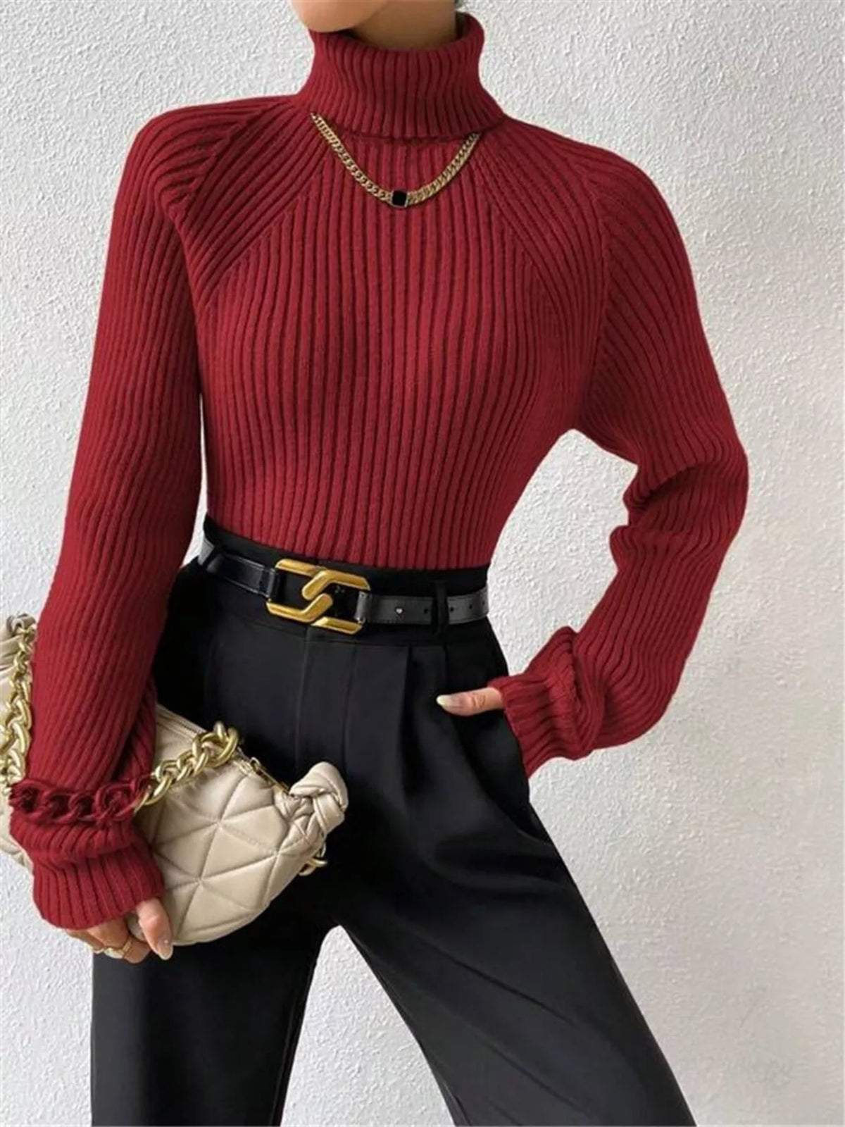 Ribbed knit turtleneck pullover sweater front view