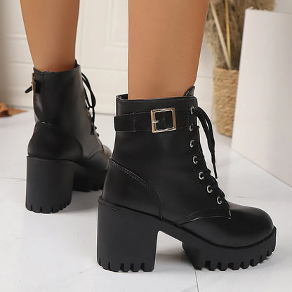 Combat Lace Up Boots with Buckle Straps - Fashorio