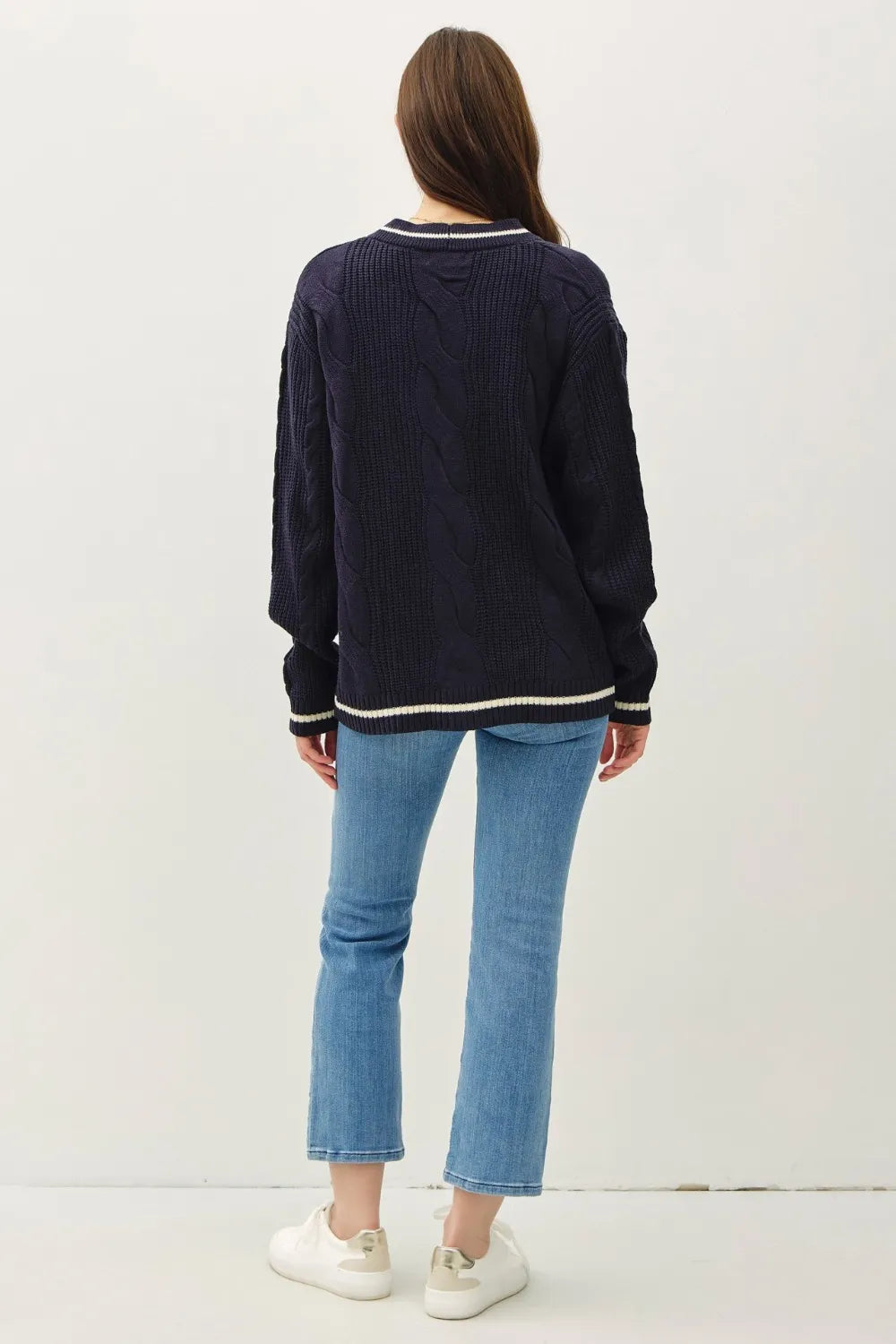 Be Cool Contrast Trim Cable-Knit V-Neck Cardigan - Fashorio