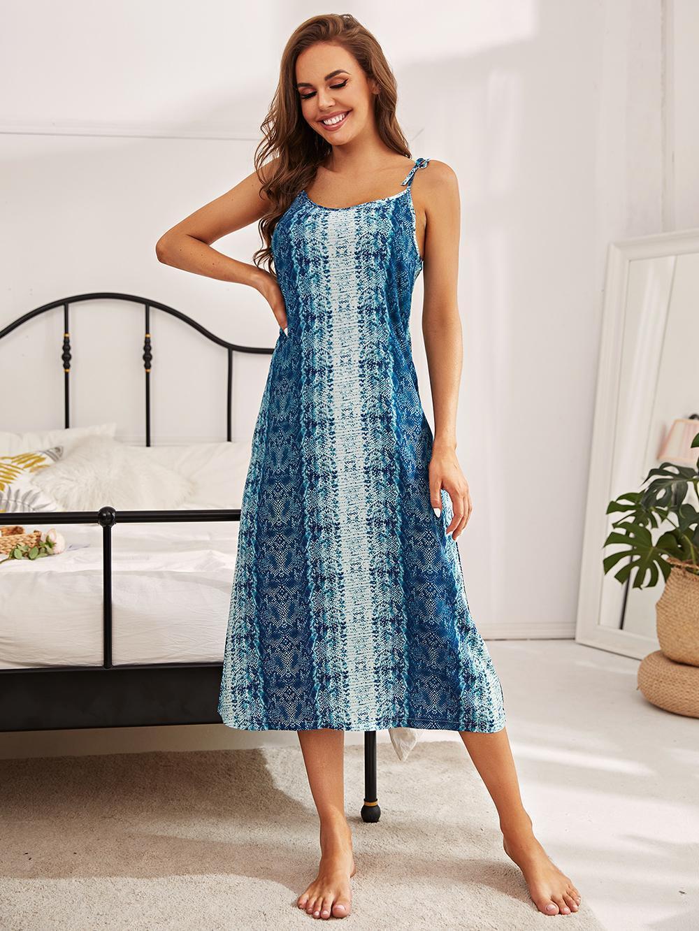 Printed Tie Shoulder Midi Night Dress - Fashorio