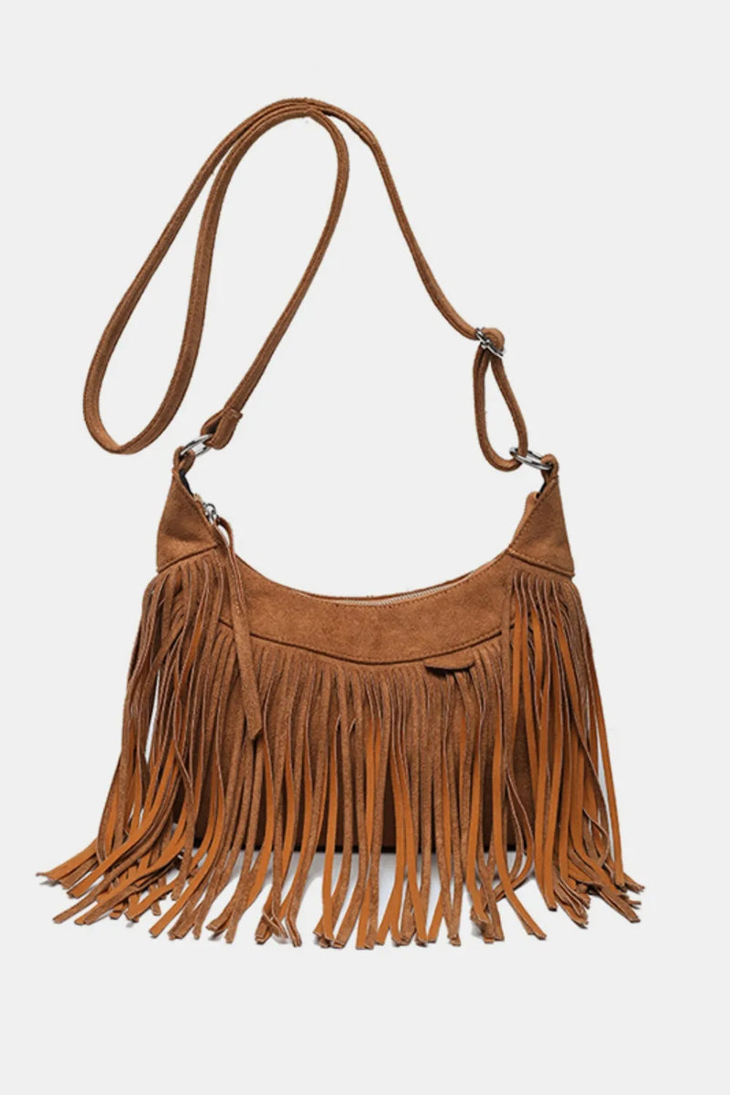 Suede fringe shoulder bag in caramel