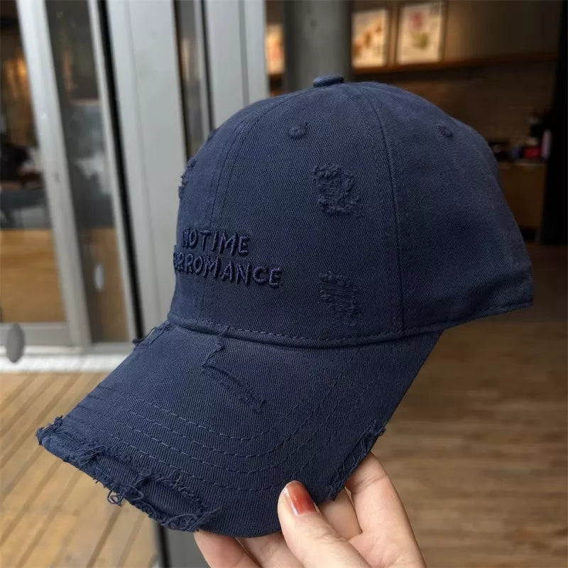 Distressed embroidered baseball cap front view