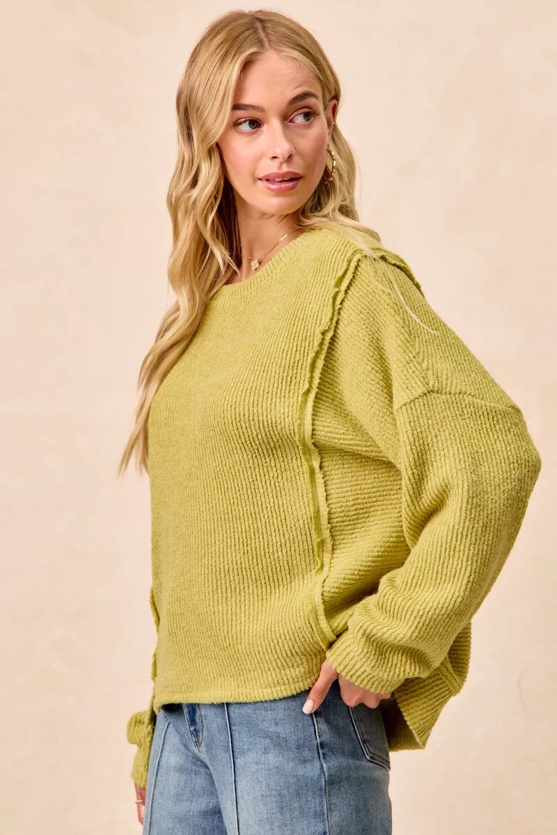 Lime green rib knit sweater neckline detail