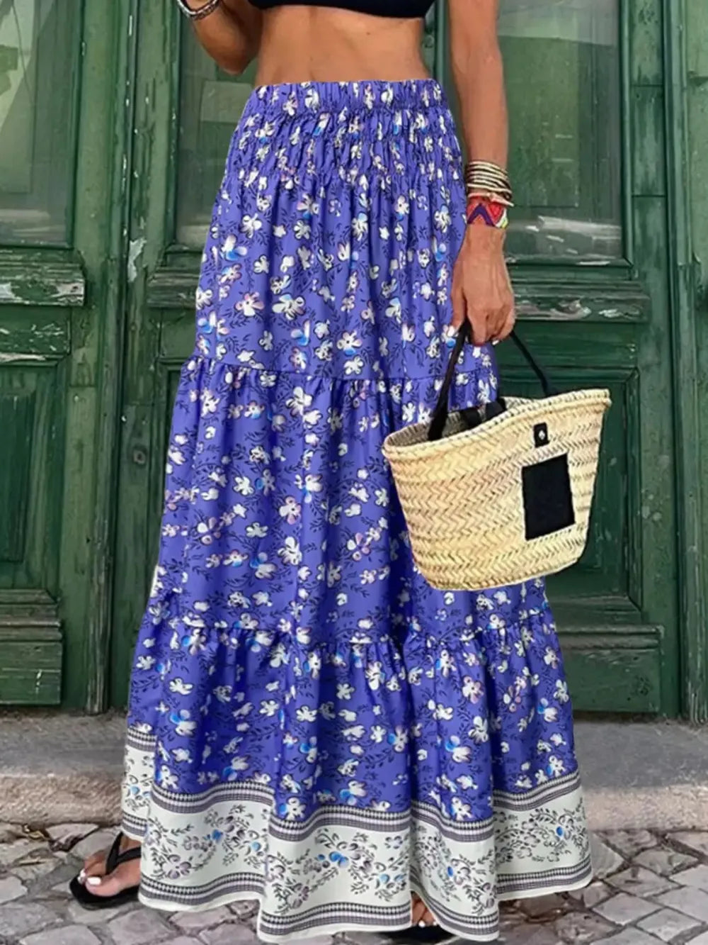 Detail of elastic waistband on printed skirt