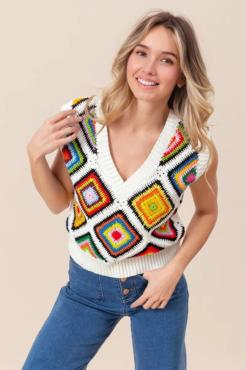 BiBi Diamond Granny Square Sweater Vest - Fashorio