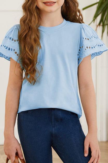 Round Neck Flutter Sleeve T-Shirt Misty Blue - Fashorio