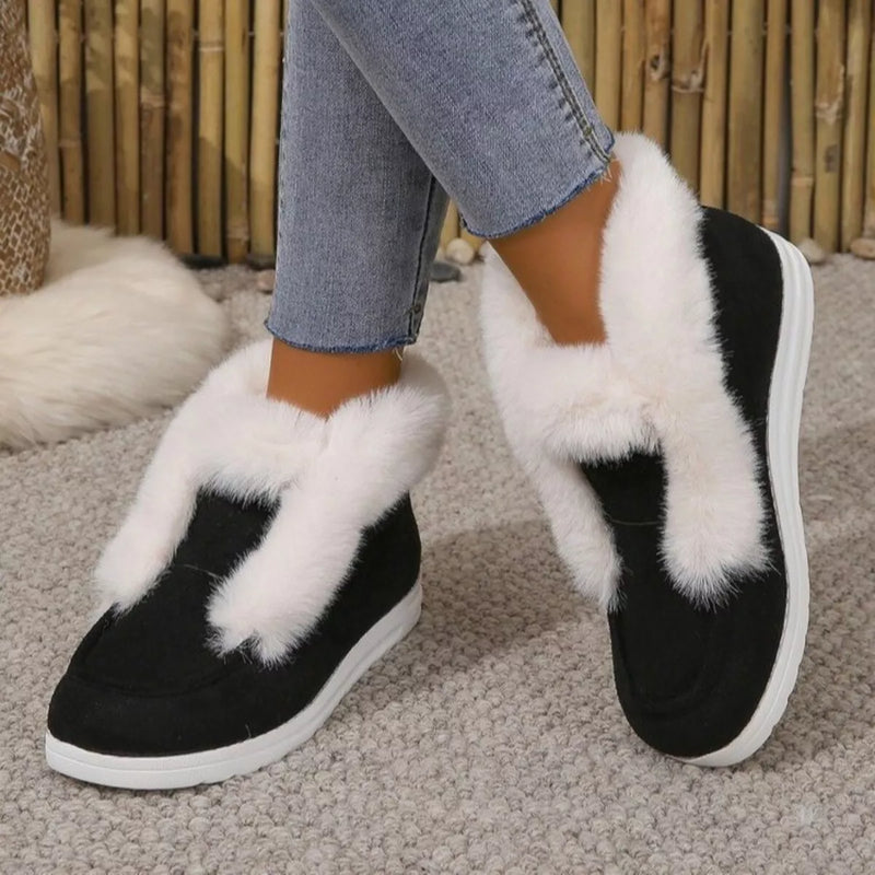Cozy fuzzy trim ankle boots front view