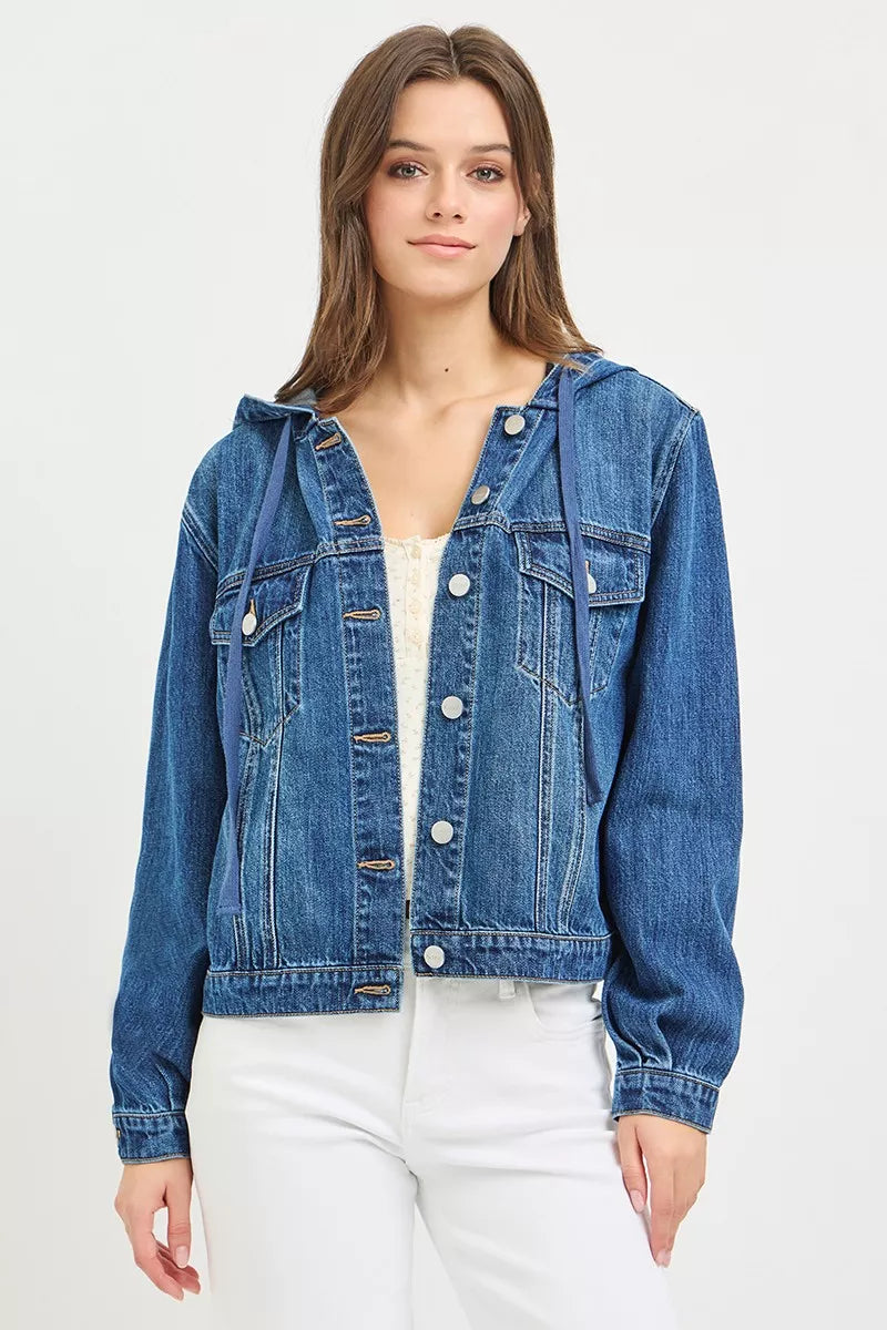 Medium wash hooded denim jacket front view