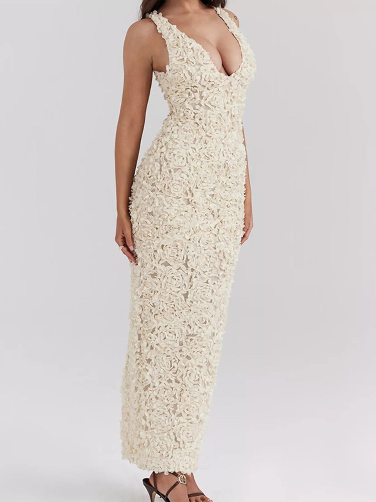 Floral applique deep V neck maxi dress in white, back view