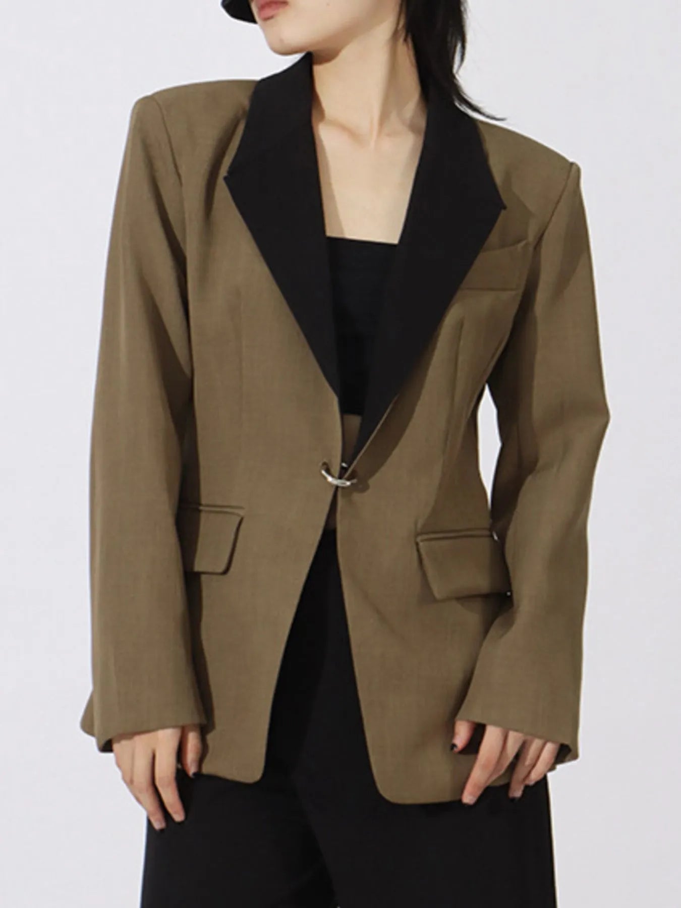 Contrast Lapel Collar Long Sleeve Blazer - Fashorio