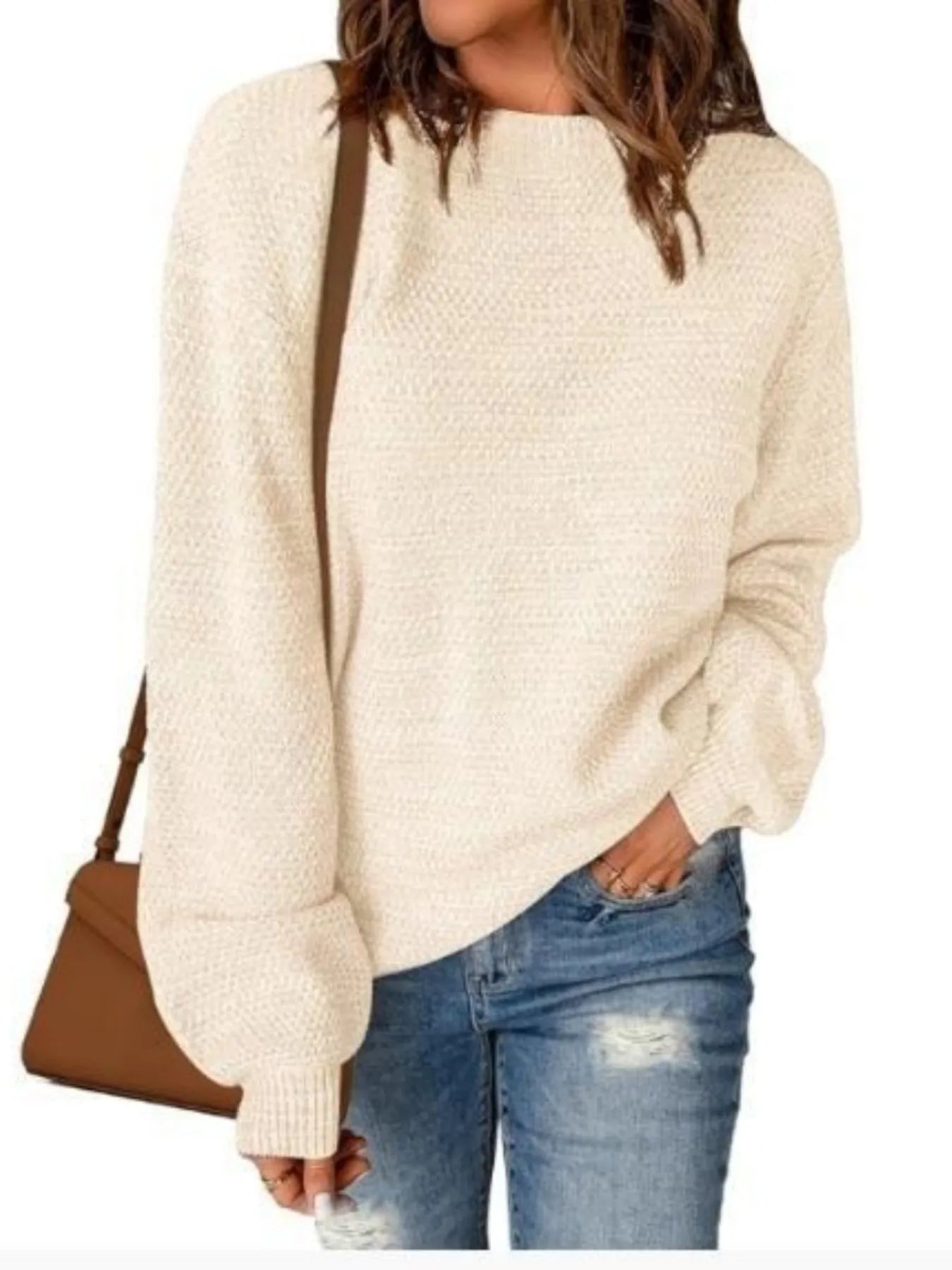 Round Neck Long Sleeve Sweater Cream White - Fashorio