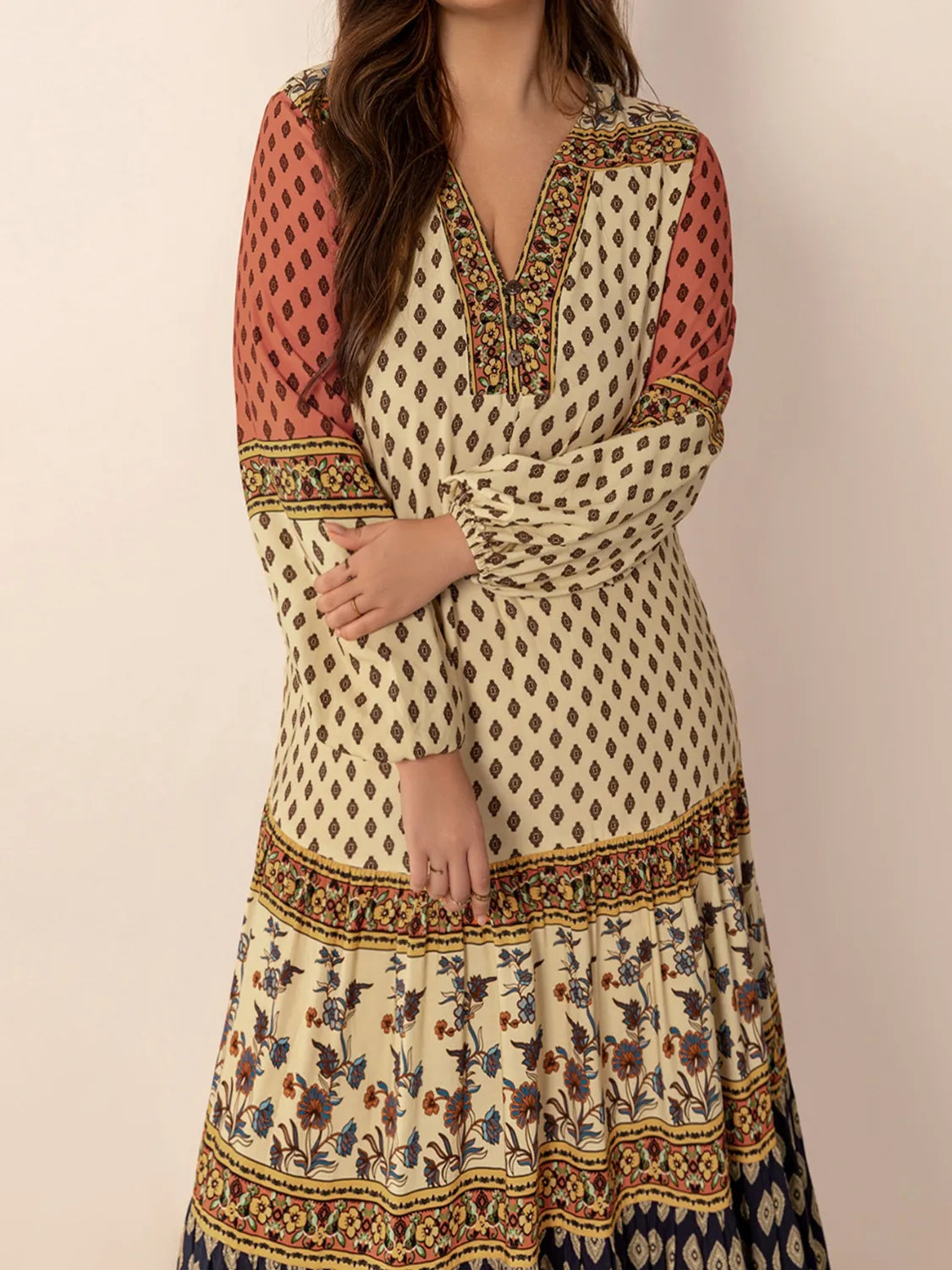 Printed V neck balloon sleeve maxi dress in khaki side view
