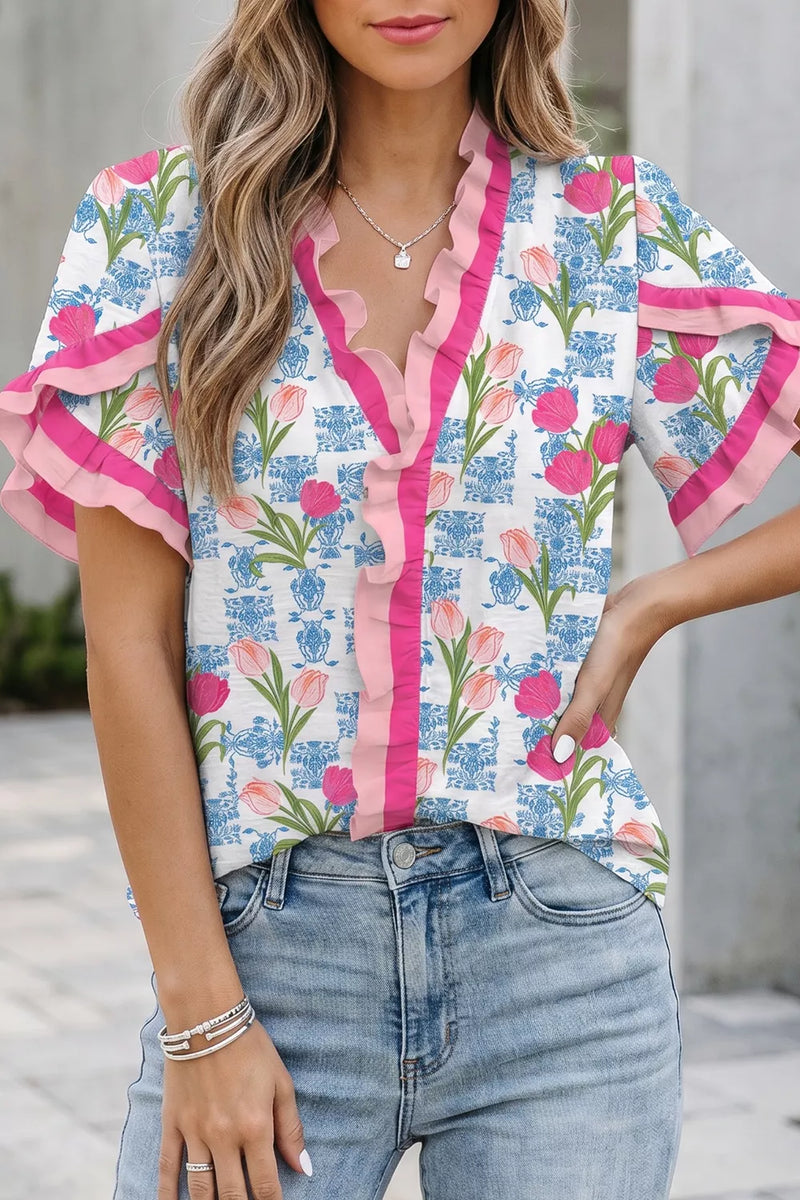 Dusty pink floral ruffle V neck short sleeve tunic front view