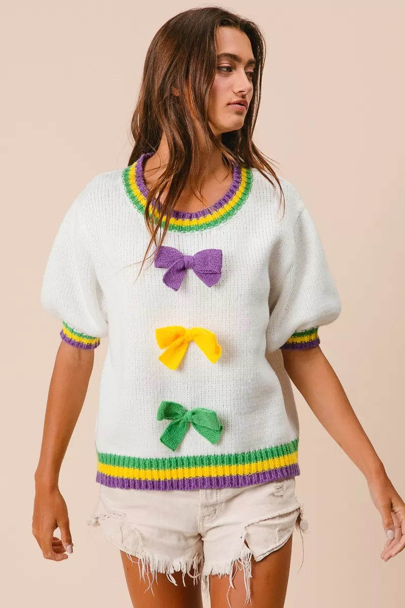 Puff Sleeve Ribbon Bow Sweater in Ivory view 14