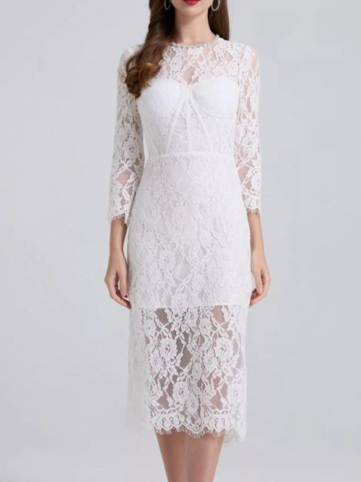 lace long sleeve midi dress profile view