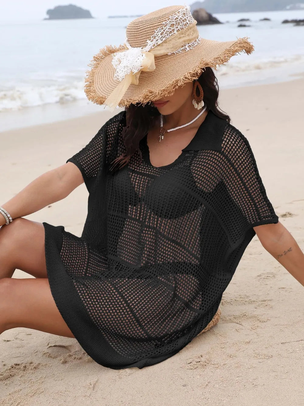 Hollow Out Collared Kimono Cover Up, view 8