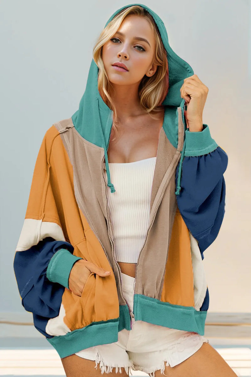 Color block zip up hoodie front view