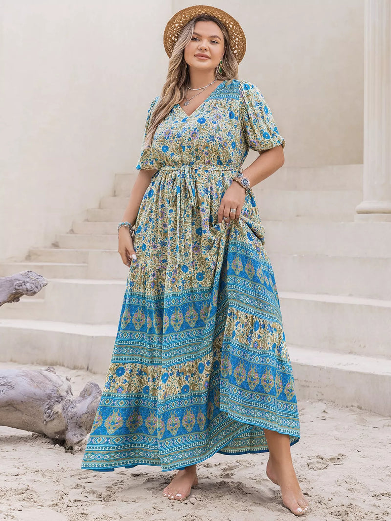 Plus size sky blue floral maxi dress front view
