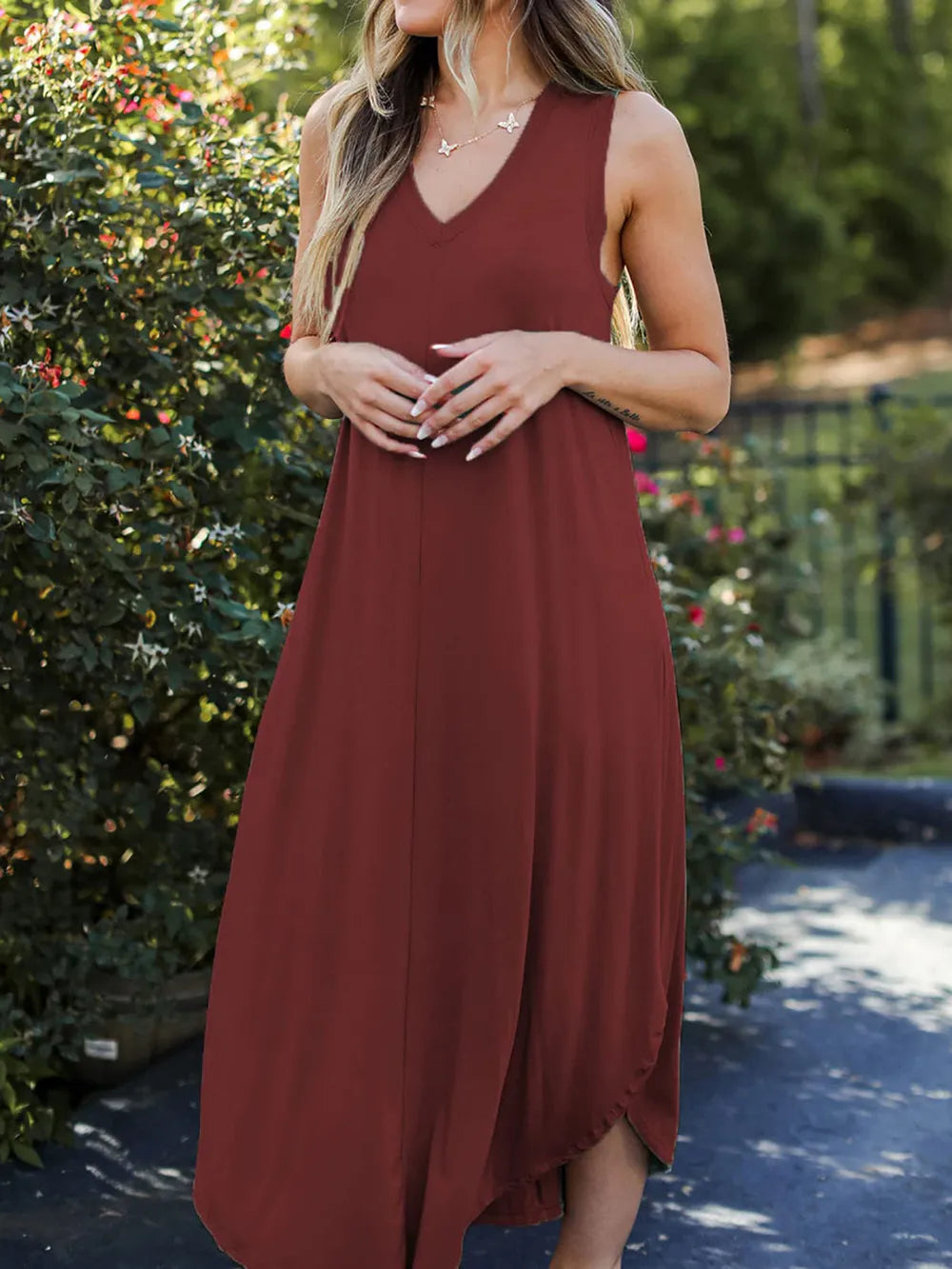 Full Size V-Neck Midi Tank Dress - Fashorio