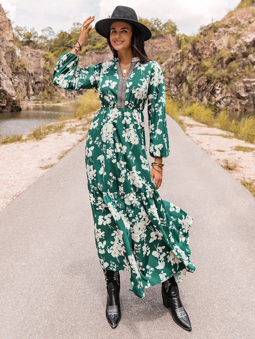 Printed Notched Neck Maxi Dress - Fashorio