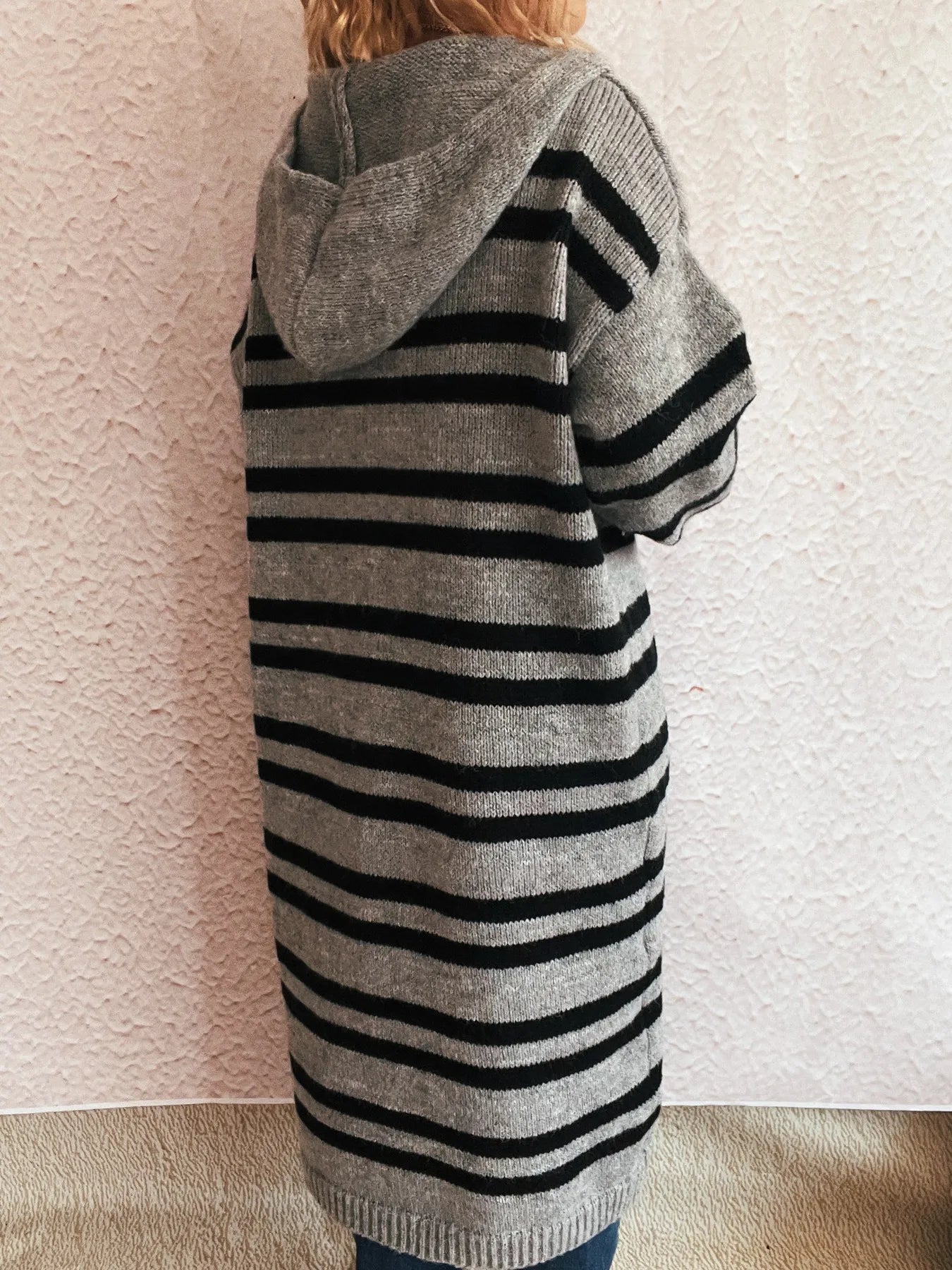 Striped Open Front Hooded Cardigan - Fashorio