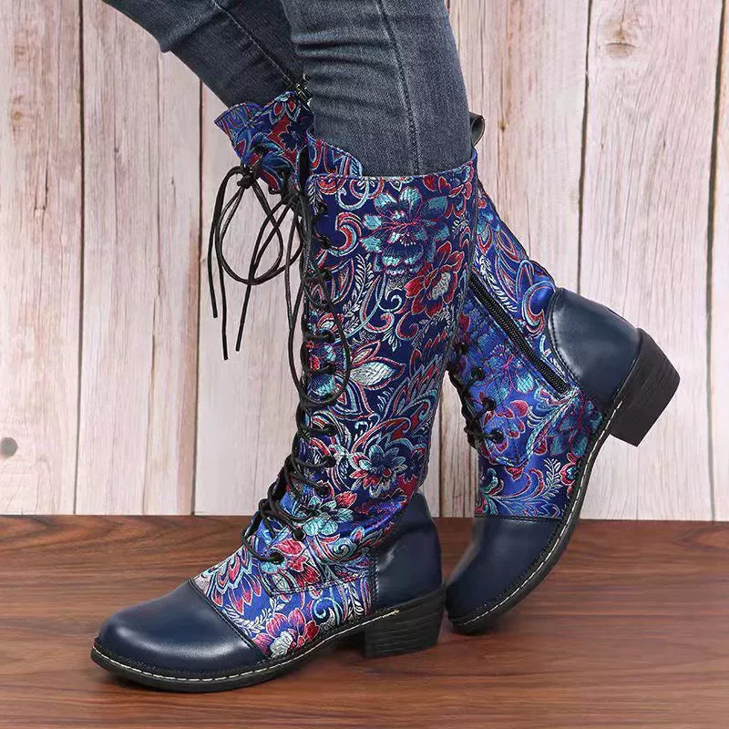 Embroidered Lace Up Block Heel Boots upper detail