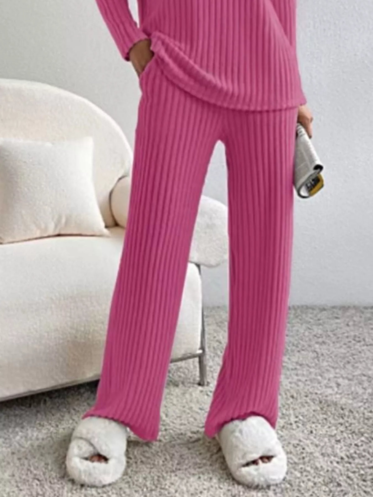 Ribbed Knit V Neck Top and Pants Set, view 25