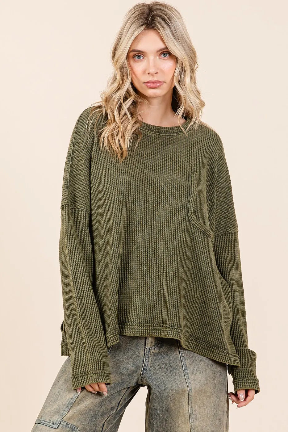 Mittoshop Mineral Wash Cutout Pocket Long Sleeve Waffle Top OLIVE - Fashorio