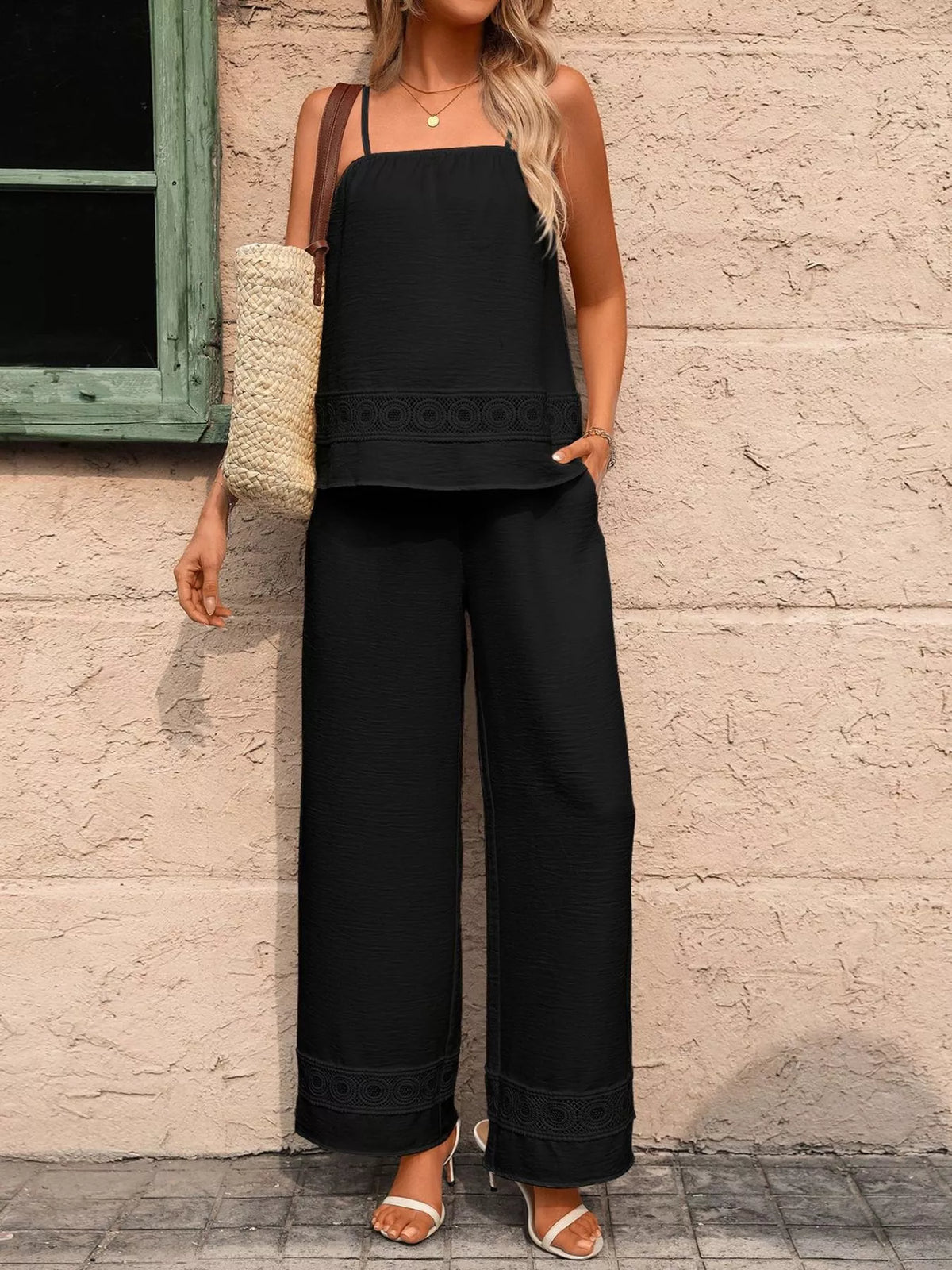 Lace Trim Cami and Wide Leg Pants Set, view 18