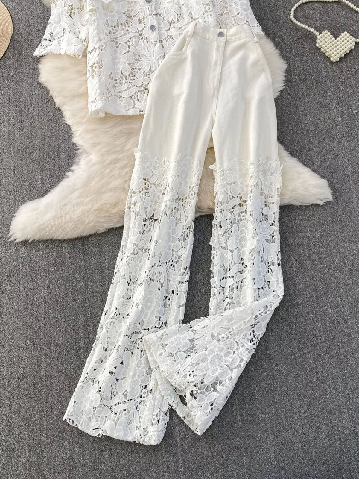 Lace patchwork pants set outfit view