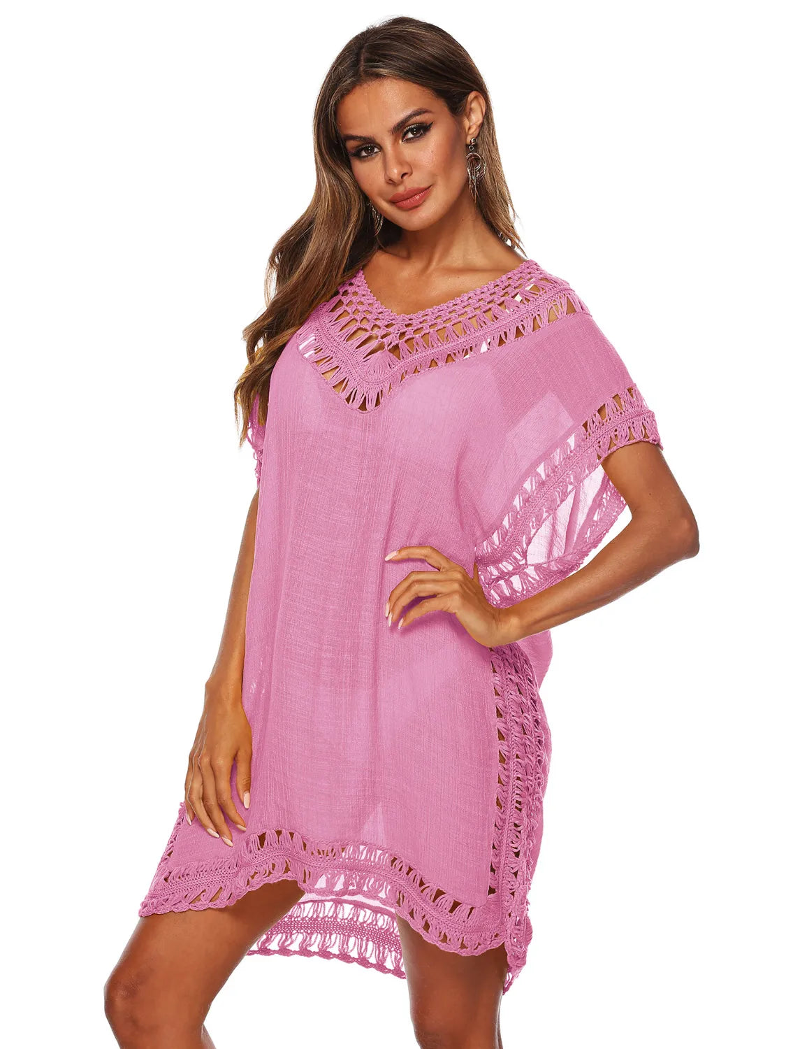 Bohemian Crochet Trim Beach Cover Up Dress Pink One Size - Fashorio