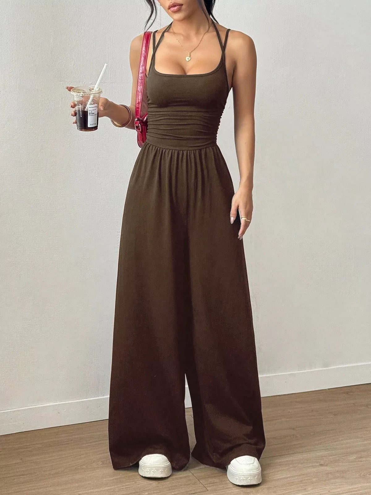 Yellow wide leg jumpsuit front view