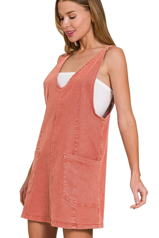 Zenana Washed Adjustable Strap Denim Overall Dress CABERNET - Fashorio