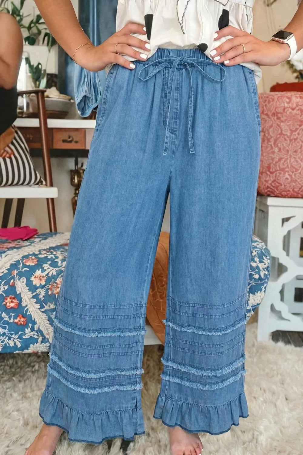 Ruffled hem wide leg chambray pants front view