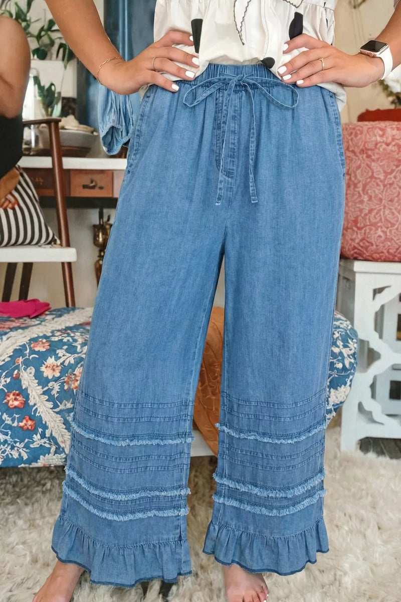 Ruffled hem wide leg chambray pants front view