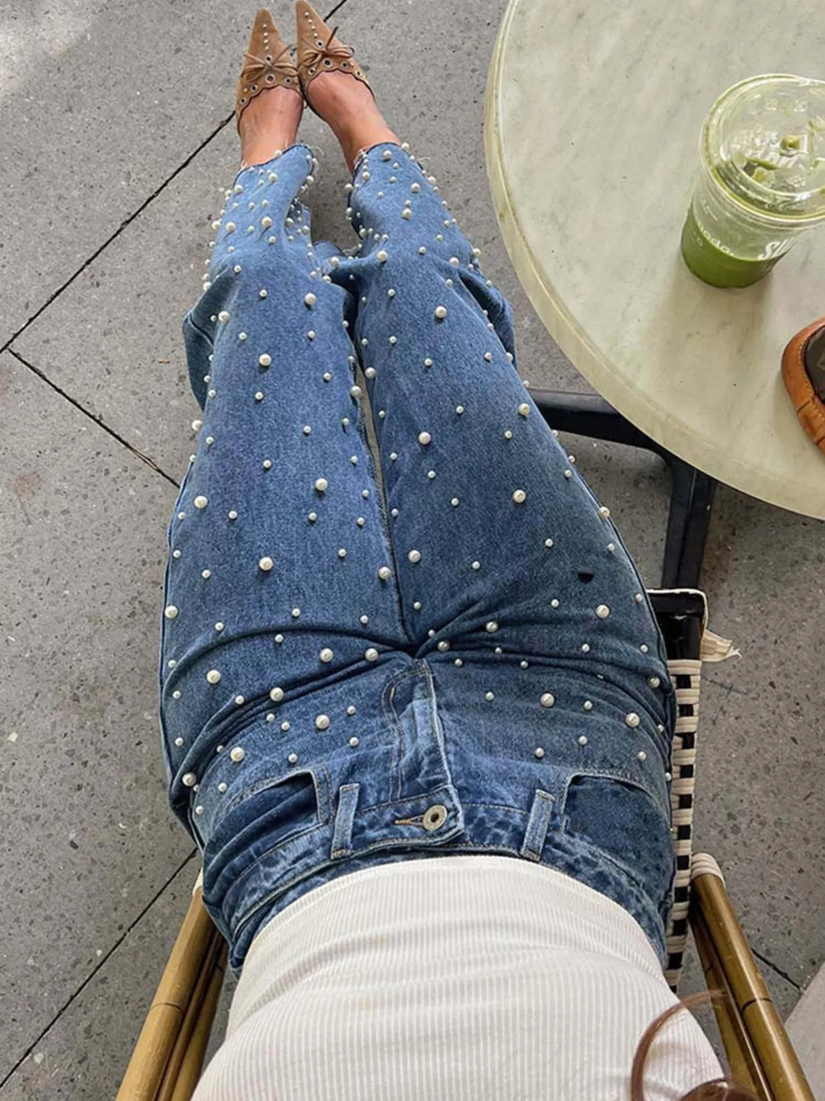 Straight leg blue jeans full length styled