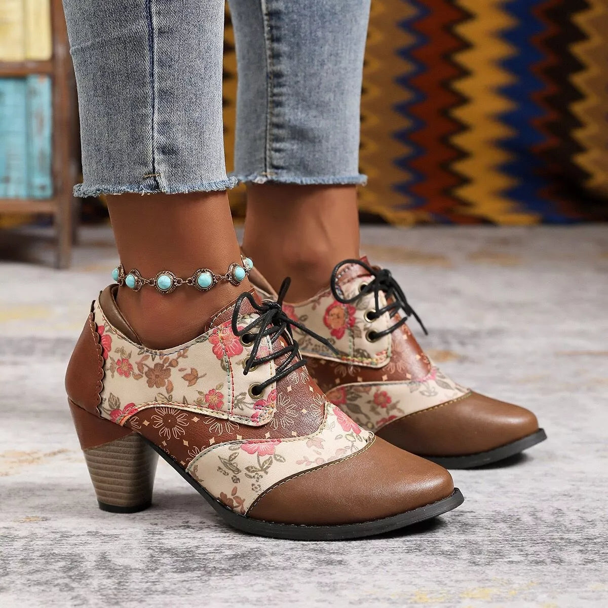 Lace up block heel ankle boots zip detail
