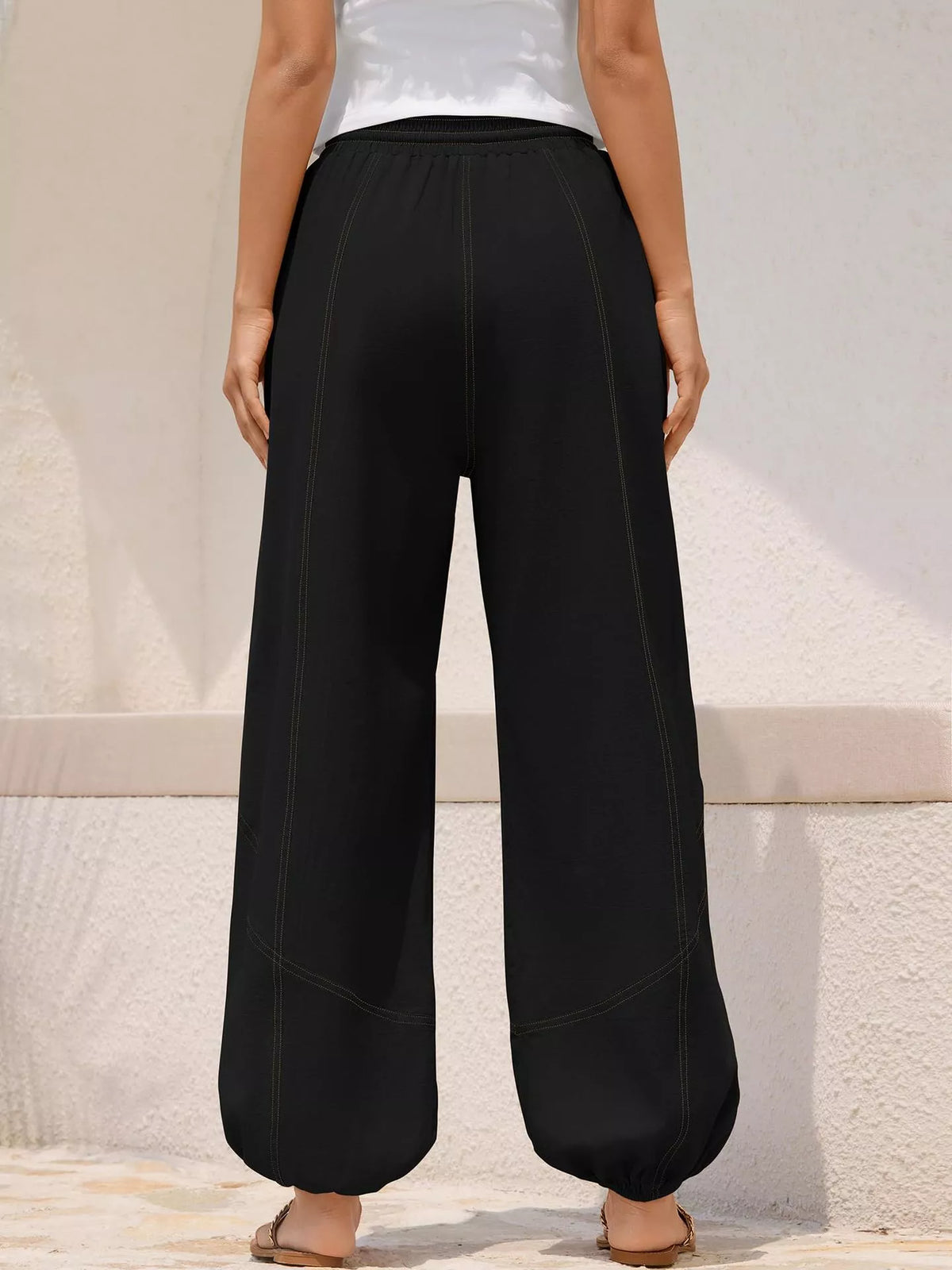 Loose fit drawstring waist harem joggers back view