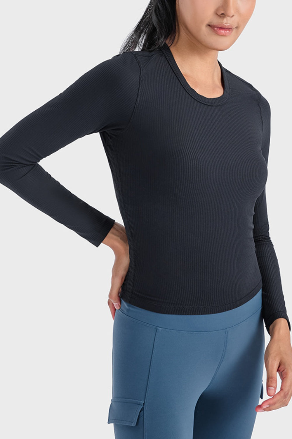 Millennia Round Neck Long Sleeve Sports Top Black - Fashorio