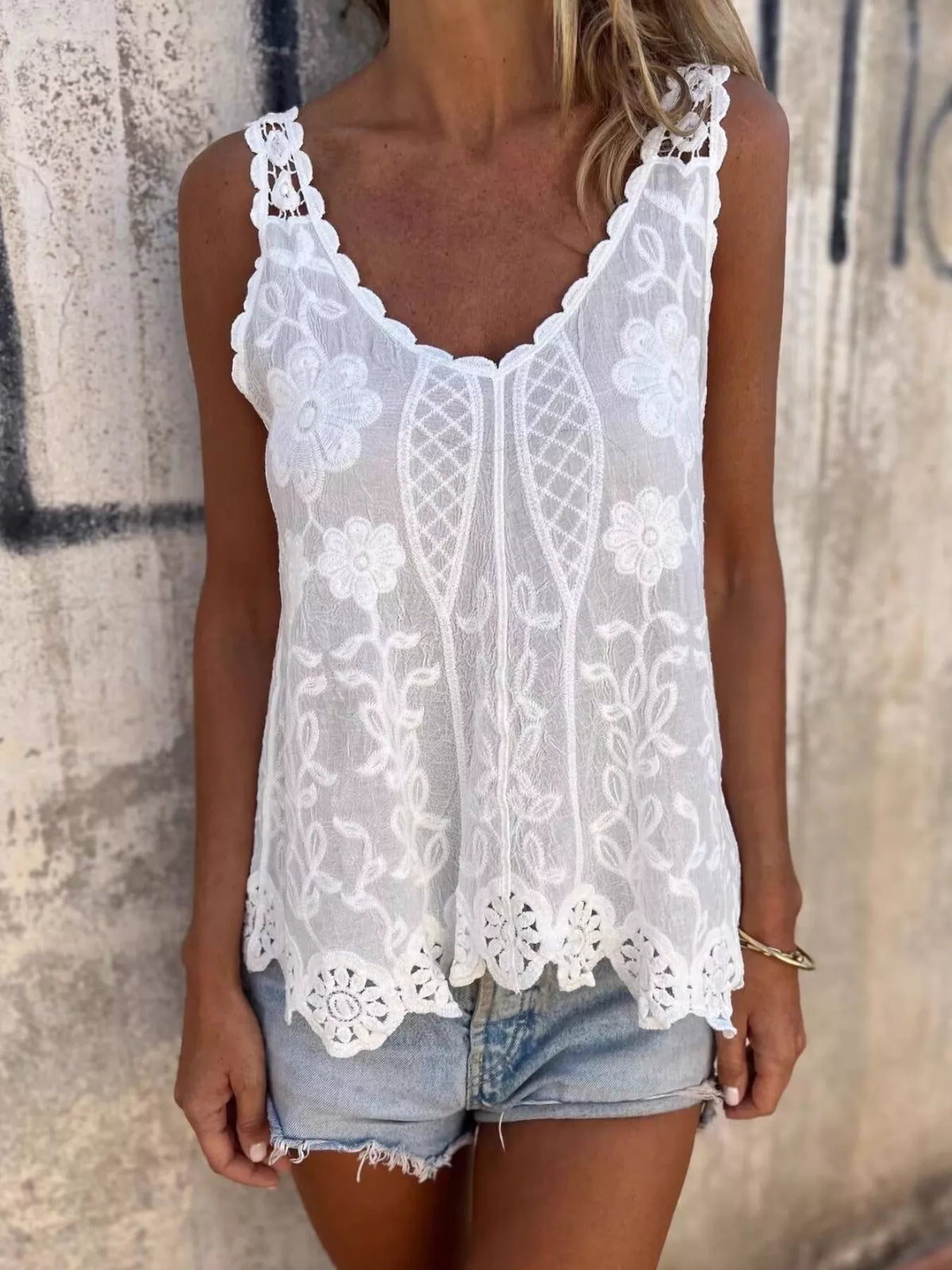 Crochet trim tank top close up of lace detail