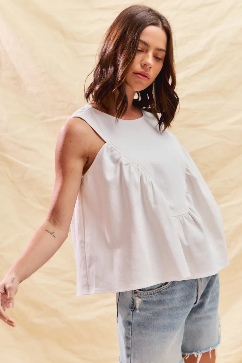 SO ME Game Day Color Denim Ruched Sleeveless Top - Fashorio